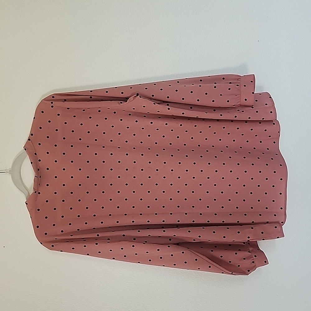 Lane Bryant Pink Polka Dot Tie Neck Blouse Black Dot Long Sleeve Top 14/16 - Picture 4 of 7